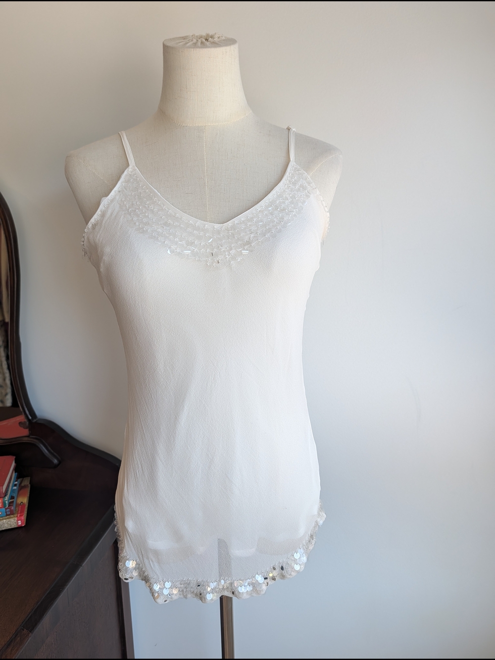 Y2K/2010s White Silk Sequin-Trim Cami Tank Top